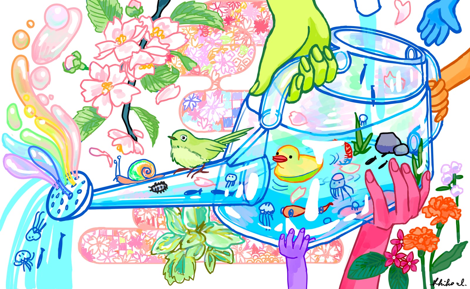 春の下絵。大小の手に支えられたジョウロの中をアヒルと日本橋川の生き物が泳ぎ、桜や緑道の花が咲く絵