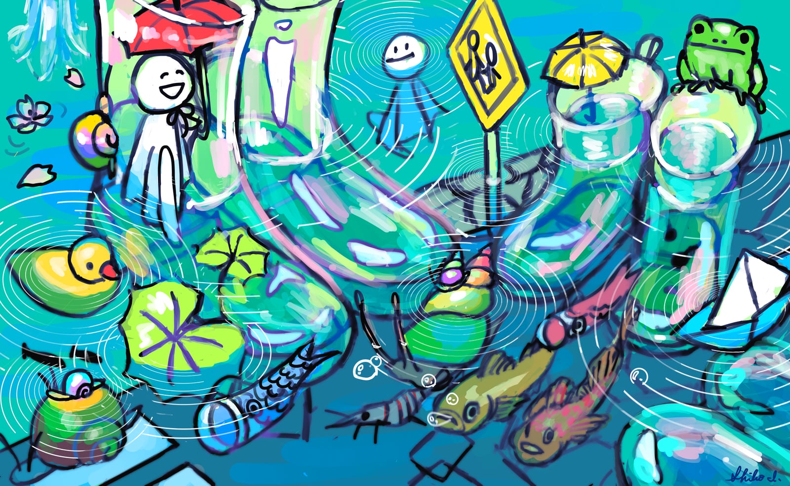 梅雨の下絵。長靴の足元の水たまりで、アヒルがエビや魚、カエルたちと出会う絵