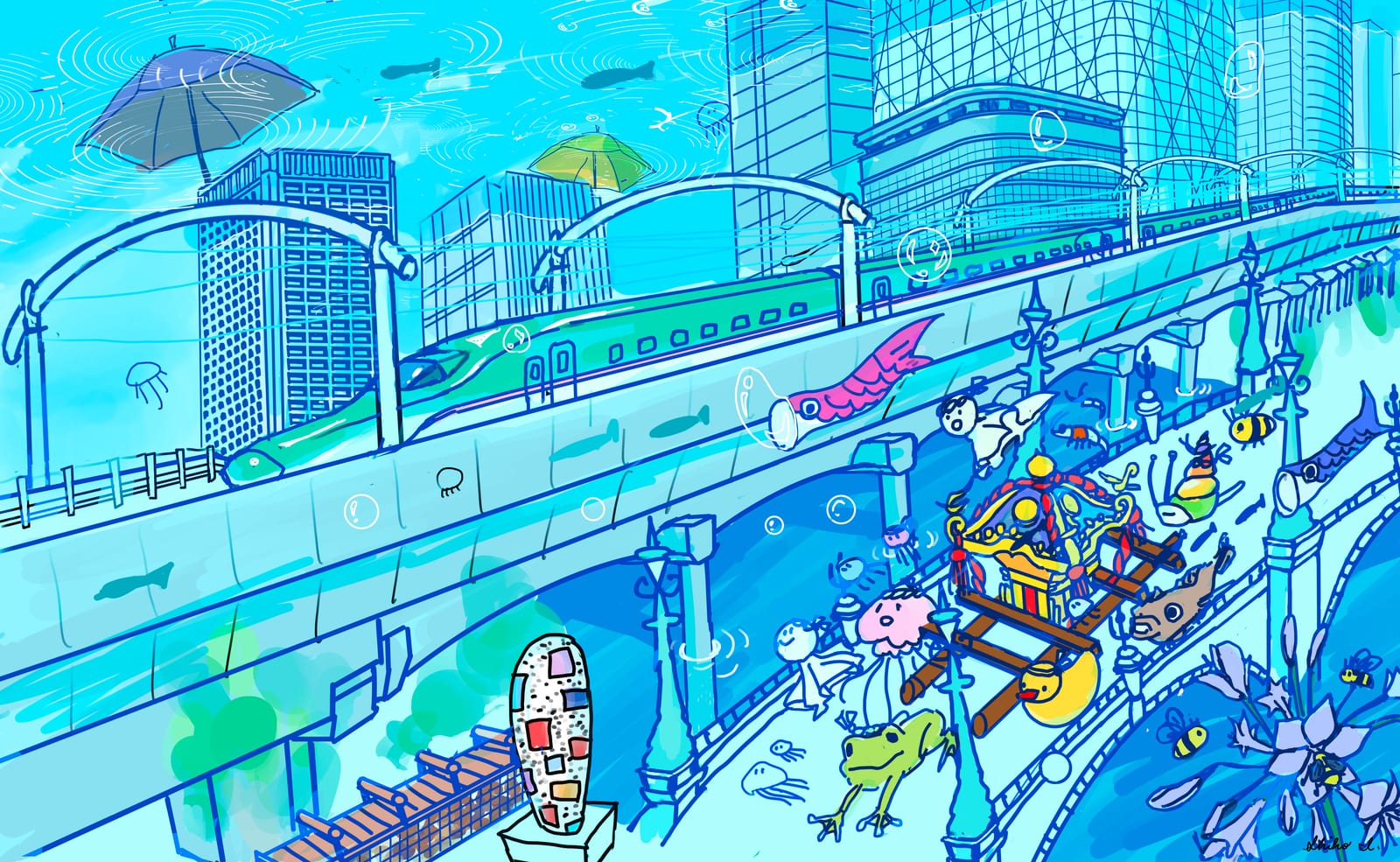 夏の下絵。水の中に沈んだ東京の街で、日本橋をお神輿と生き物たちが渡る絵