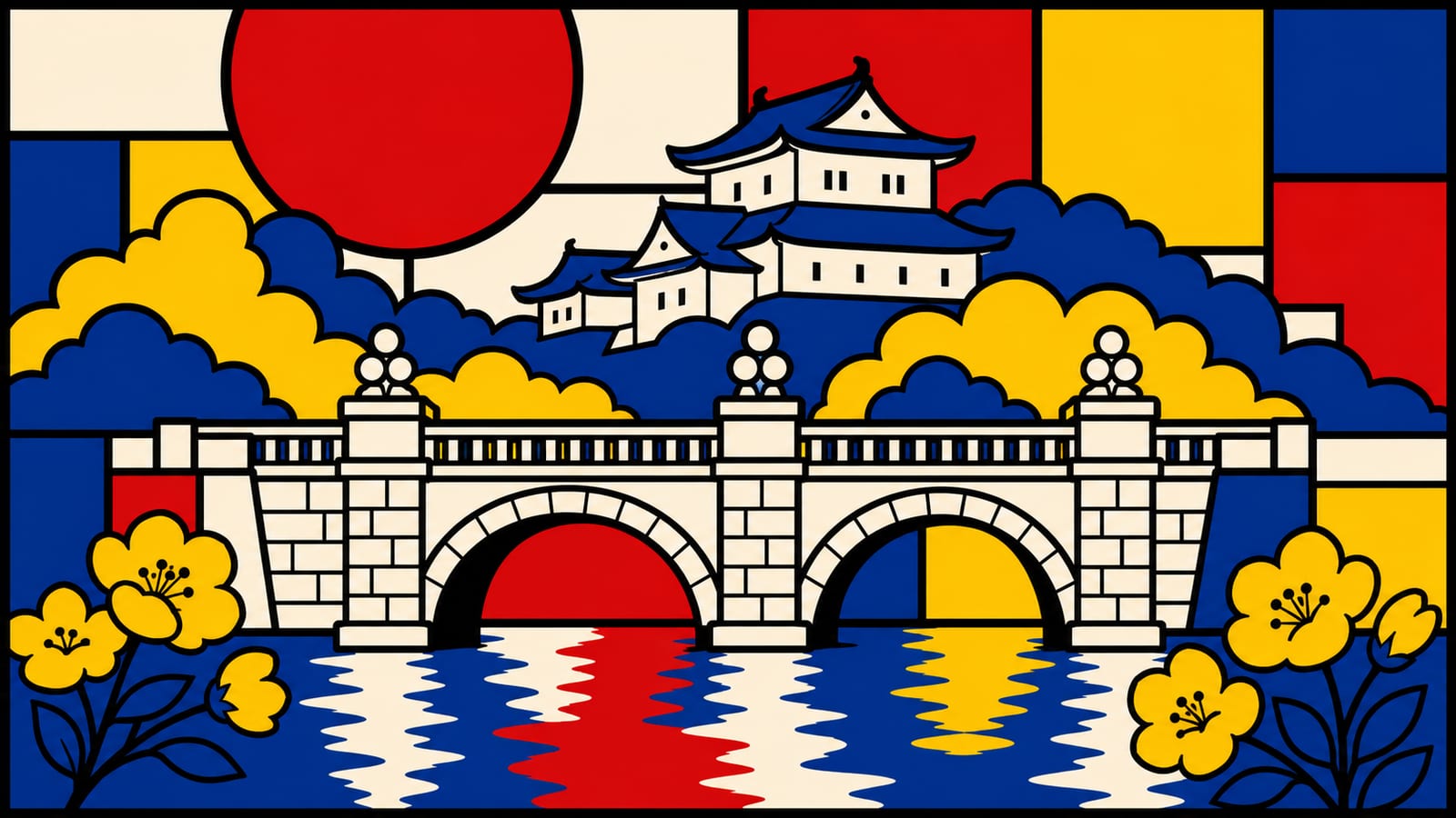 赤・青・黄の色面で描いた江戸城の天守と石橋、水面の下絵