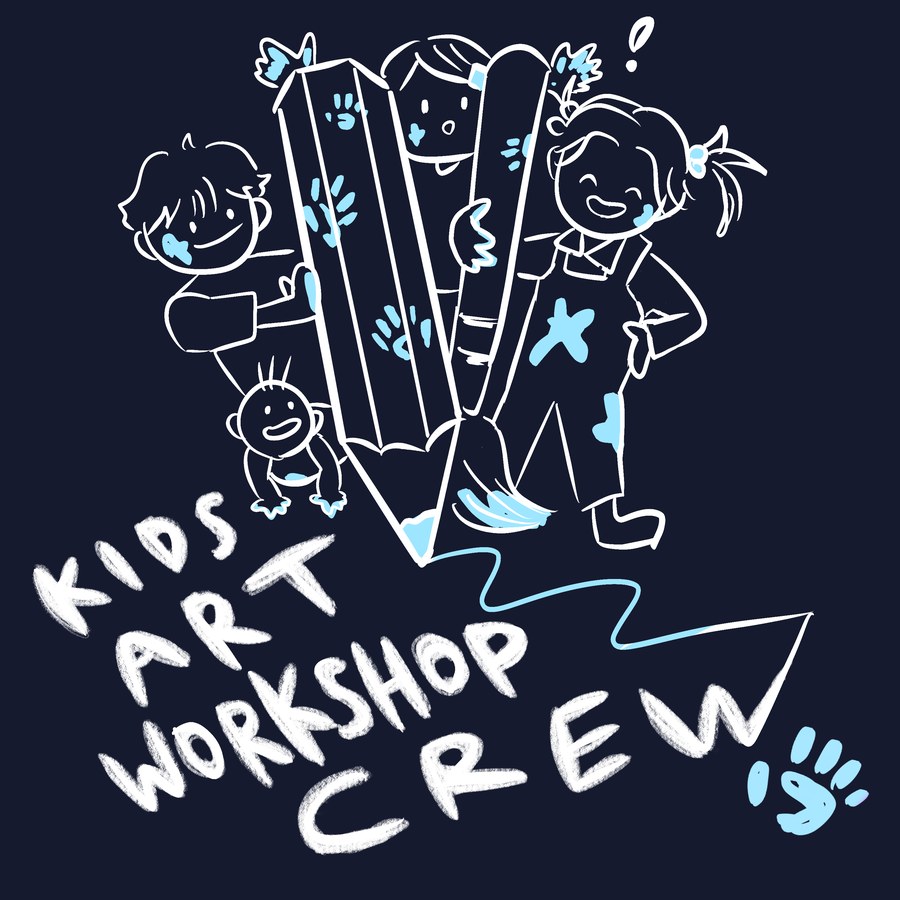 KIDS ART WORKSHOP CREW のキャラクター（鉛筆と筆を持つ子どもたち）